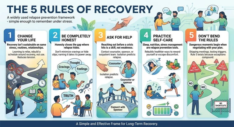 5 Rules of Recovery infographic for relapse prevention strategies in addiction recovery